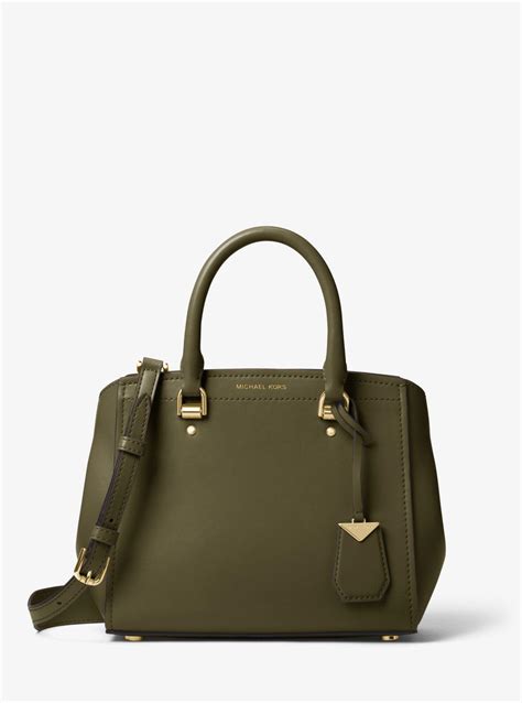 michael kors benning medium leather and green logo satchel